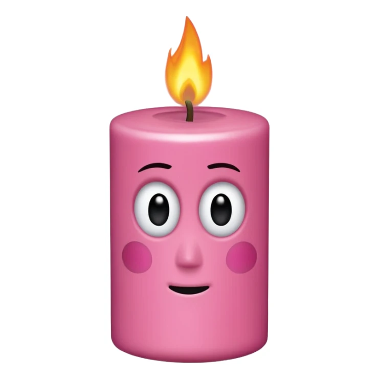 Draw a woody pink, Pixar-style candle with a flame and black eyes. The candle should be visible from the front and top. sticker