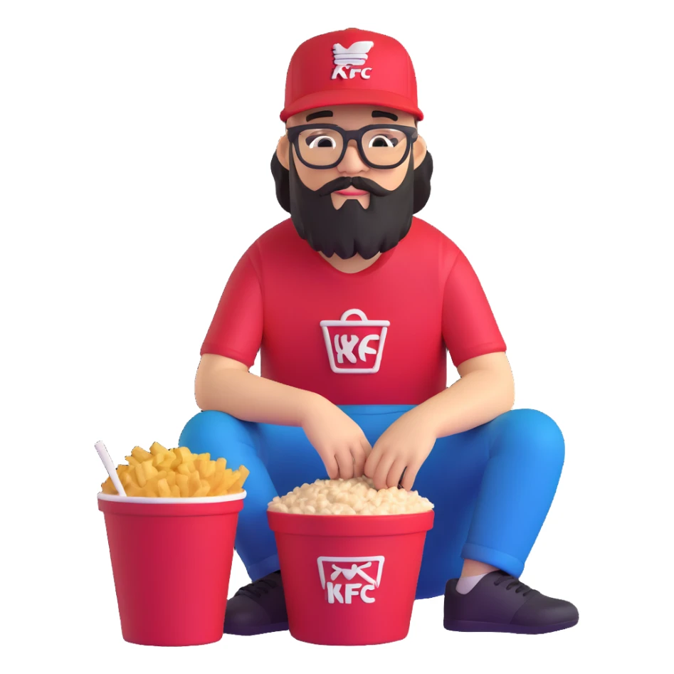 BBNO$ rapper sitting in a KFC bucket, glasses, beard, snapback cap sticker