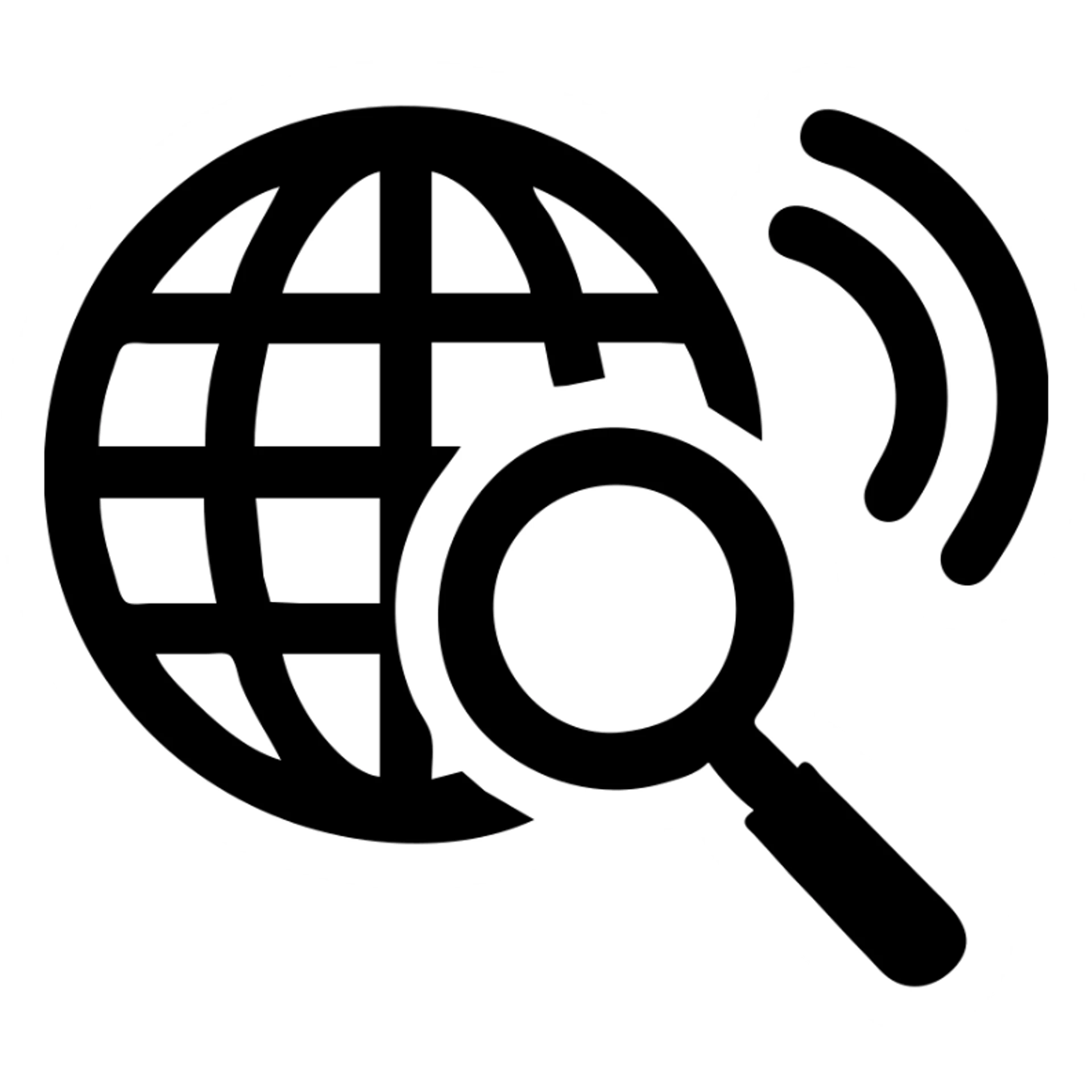 solid black filled icon logo for intelligence news channel, globe with magnifying glass and news waves, simple impactful sticker