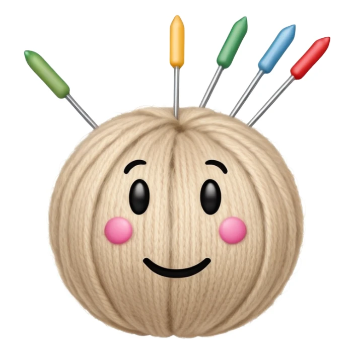 ball of beige mohair wool with knitting needles, needles have iOS smiley faces sticker