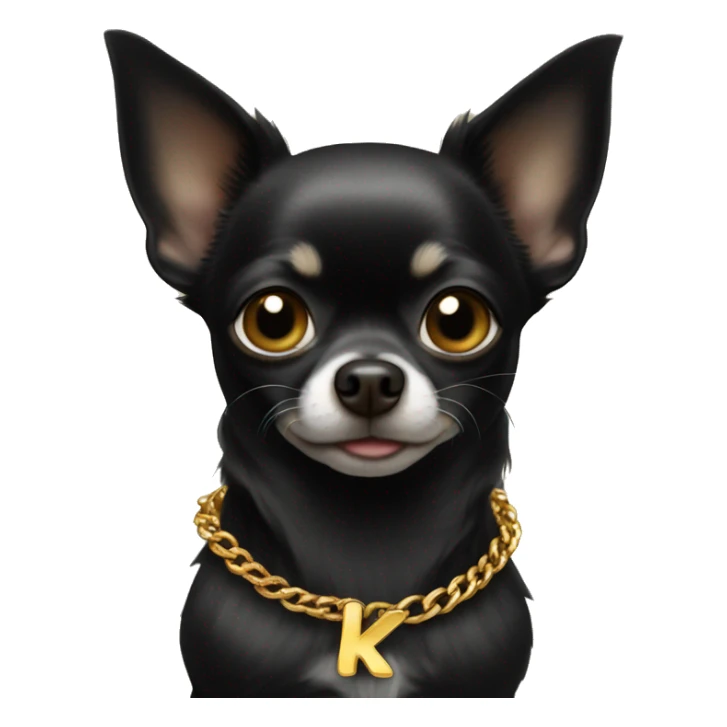 Black chihuahua wearing golden chain with letter k sticker