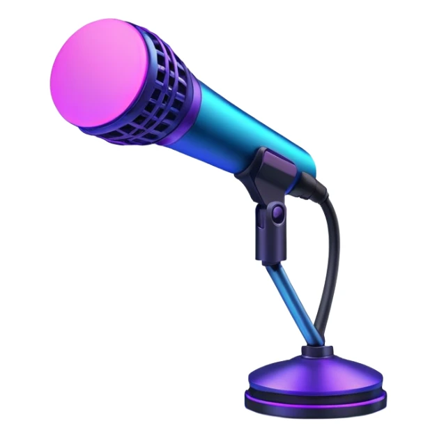 desktop studio microphone in profile view with neon glow effect, blue and purple neon glow on top left, pink neon glow on bottom right sticker