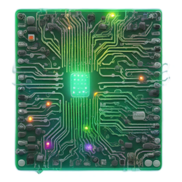 circuit board with glowing rainbow lights, simple, isometric sticker