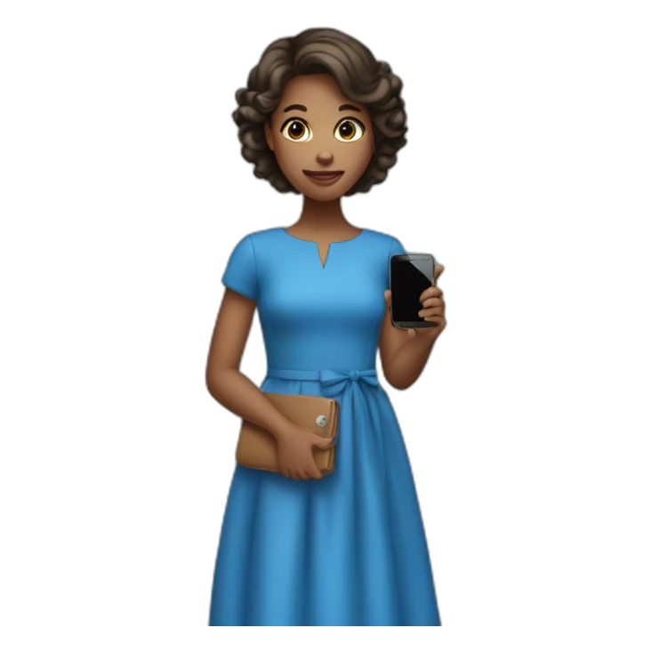 a girl in a blue dress holding a cell phone sticker