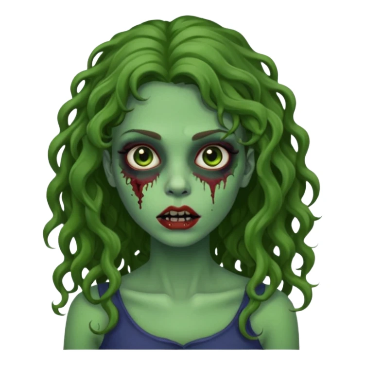 faça uma garota zombie, com a pele verde, cabelo castanho cacheado abaixo do ombro linda sticker