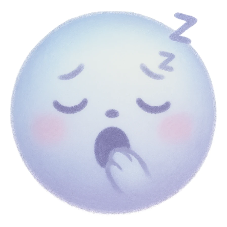 cute emoji, round face, sleepy eyes, tiny yawn, soft blue and lavender sticker