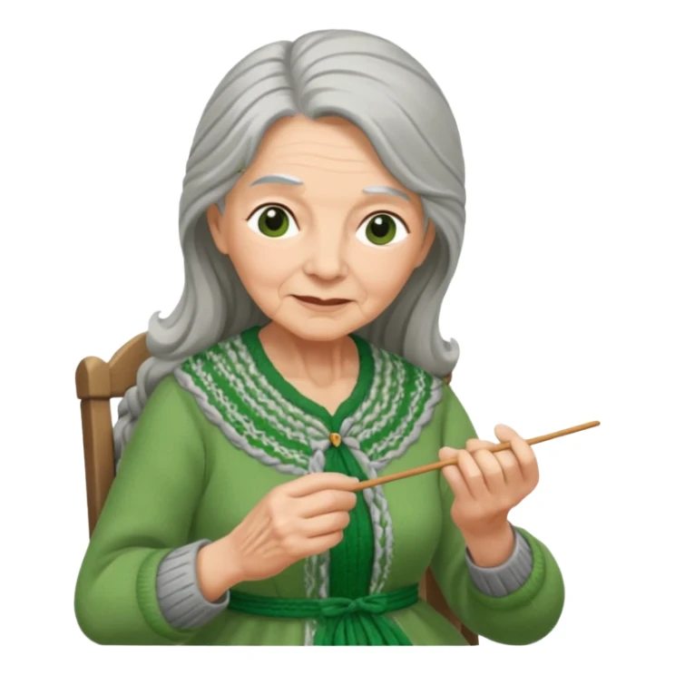 elderly women  working knitting in long hair green dress sticker