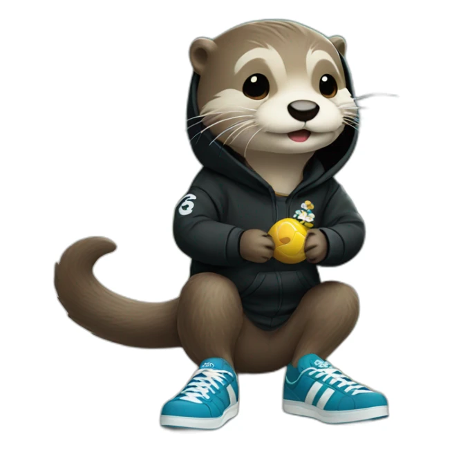 otter in black adidas hoodie playing with a yorkshire sticker