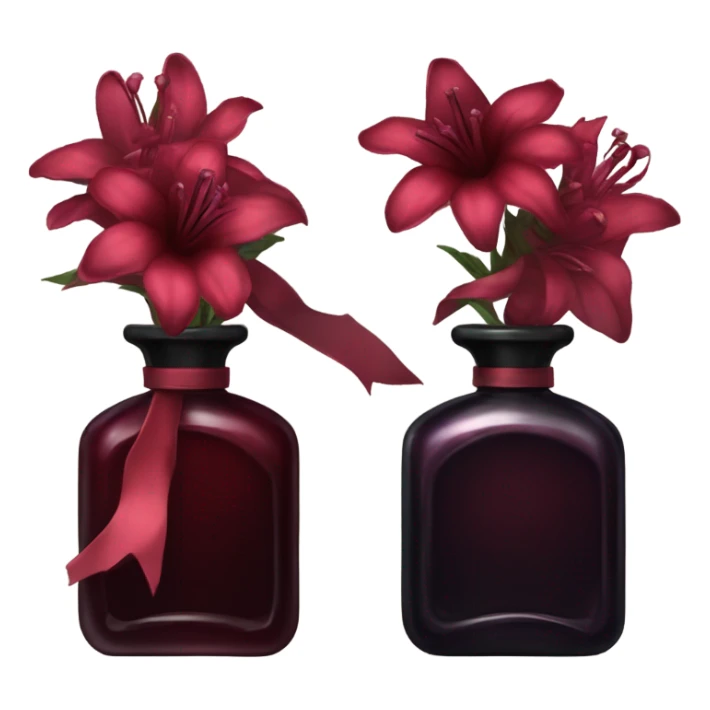 Dark red gothic perfume bottle with red bellflowers and a black ribbon sticker