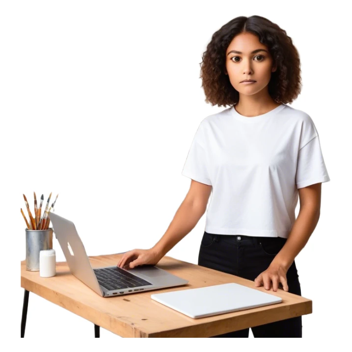 A person is **standing up from their desk**, a determined look on their face. In front of them is a **blank canvas, an open laptop, or a workbench**—a symbol of **taking action**. Their **future self**, glowing with confidence, is **guiding their hands as they type, paint, build, or create something sticker
