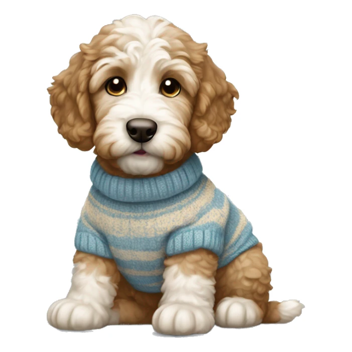 Little brown and white golden doodle puppy wearing a sweater sticker