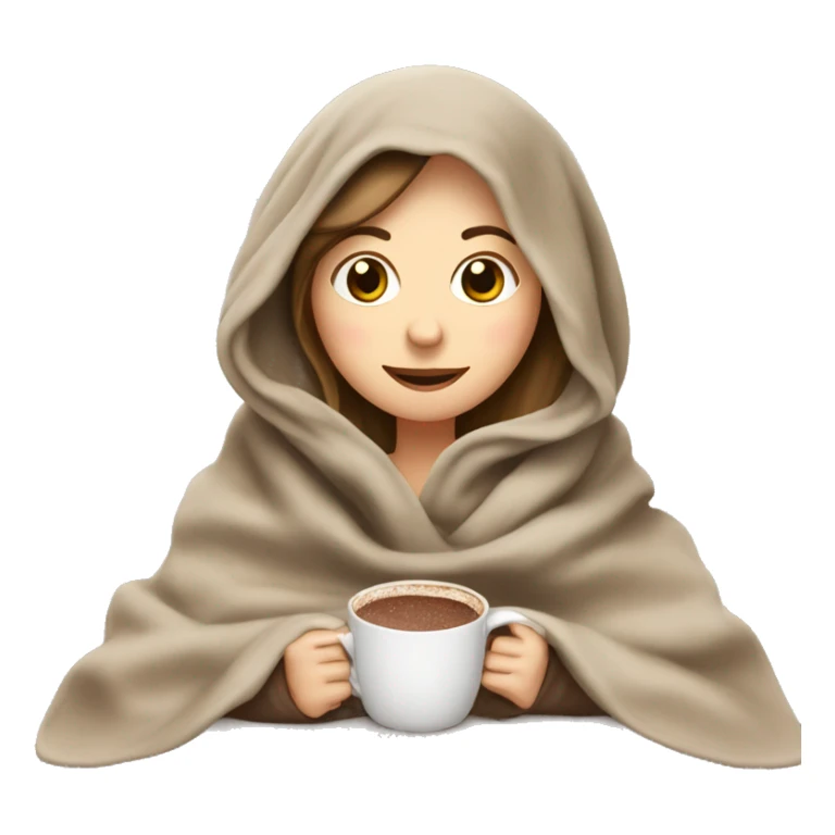White girl having a blanket over her head with hot chocolate sticker
