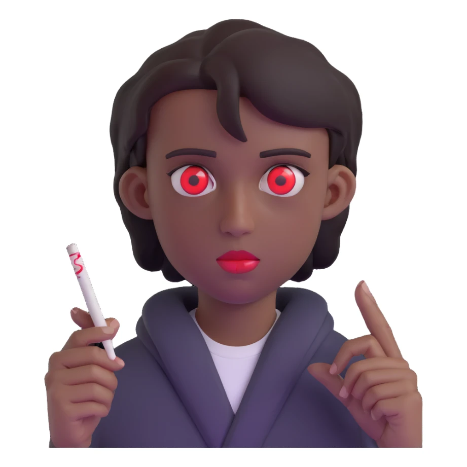 student with dazed look, red eyes, holding a joint sticker