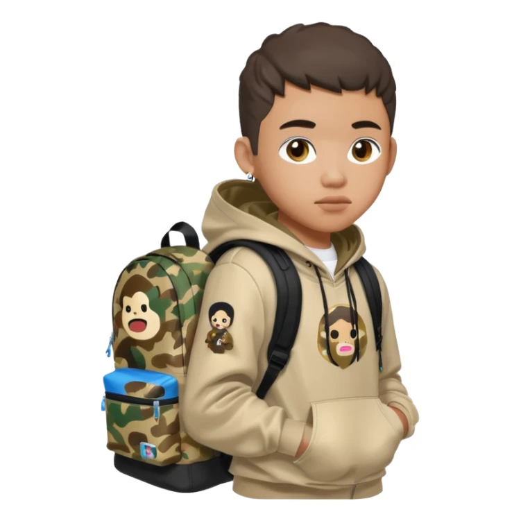 blasian teenager with bape hoodie and sprayground backpack sticker