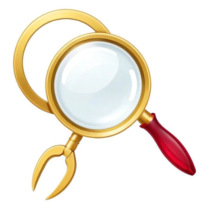 Jewelry art icon. A ring with a golden ruby through magnifying glass and pliers. Minimalistic style, clean lines, transparent background. sticker