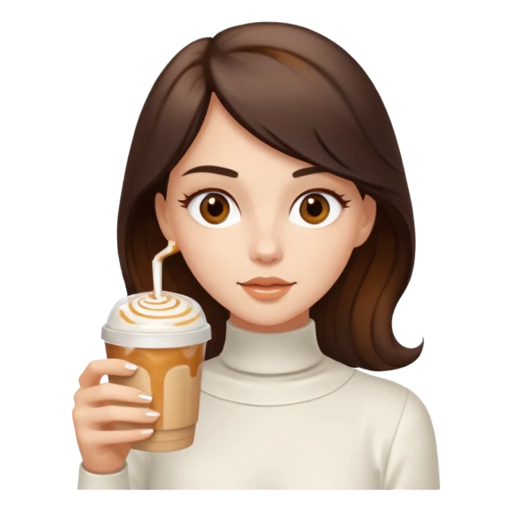 white brunette with brown eyes and a white outfit, drinking a caramel machiatto sticker