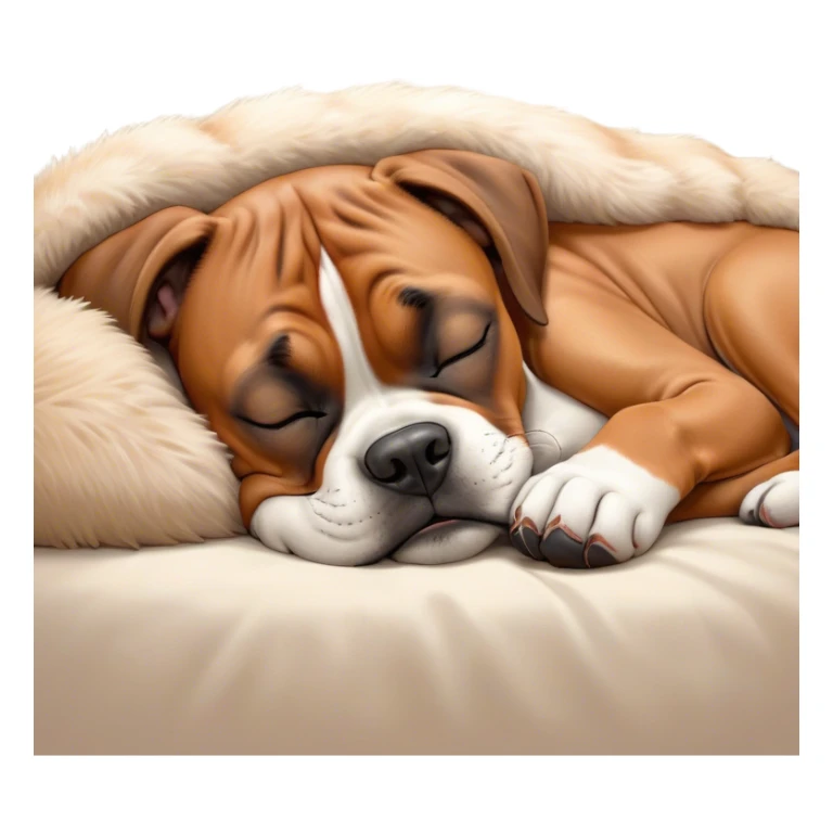 Meme-Worthy cute Sleeping Boxer dog Portrait Emoji, Head resting peacefully with a contented smile, showcasing a delightfully cute build and a luxuriously soft fawn fur, eyes shut in a serene nap, Simplified yet hilariously adorable features, highly detailed, glowing with a soft, drowsy light, high shine, relaxed and utterly lovable, stylized with an air of playful laziness, bright and heartwarming, soft glowing outline, capturing the essence of a comically sleepy Boxer, so meme-worthy it feels like it could instantly become the next viral sensation of adorable slumber! sticker