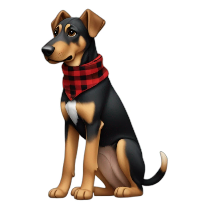 75% Coonhound 25% German Shepherd mix dog wearing small pointed red buffalo plaid bandana pointing down side view full body facing left sticker