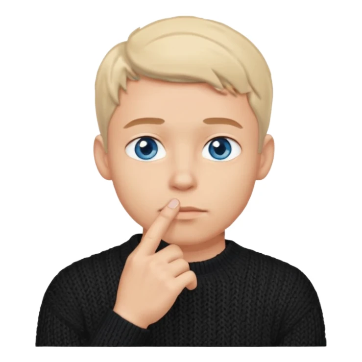 man in black knitted sweater in thinking pose, blue eyes, index finger touching his chin, eyes looking up to the top right sticker