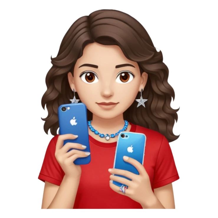 brunette girl with wavy medium length hair, brown eyes, light/medium skin tone, holding iPhone and light phone, wearing red Adidas t-shirt, small silver hoop earrings with blue gem stars, and a different colorful beaded charm necklace sticker