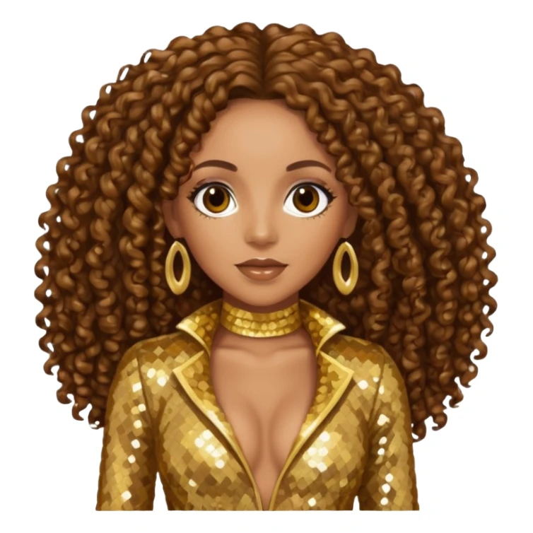 Melanie Brown with brown long curly hair, gold outfit sticker