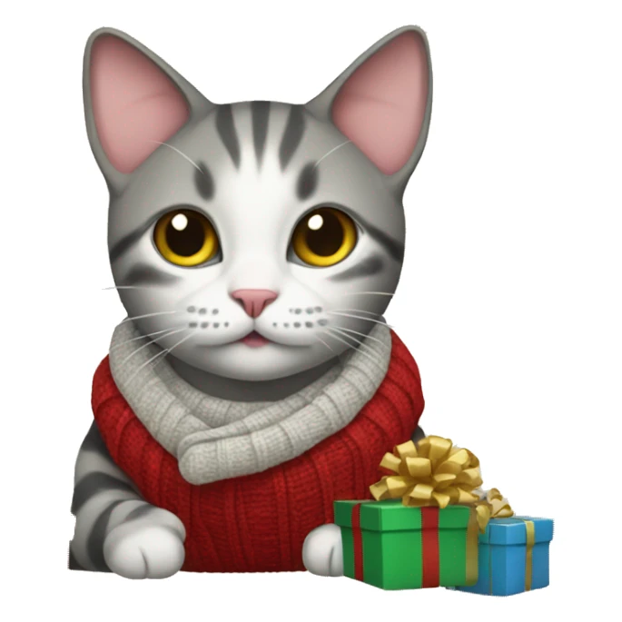 cat in a sweater with lots of wrapped presents sticker