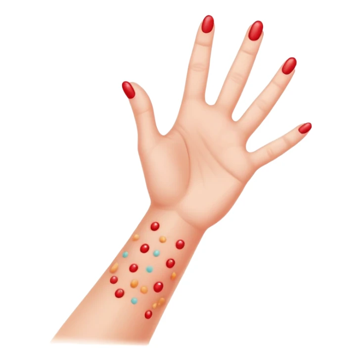 Allergy skin prick test on forearm with small red bumps showing reactions to different allergens, with 5 fingers of the hand visible sticker