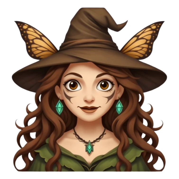mischievous forest witch woman long wavy brown hair tattoos smirk moth sticker