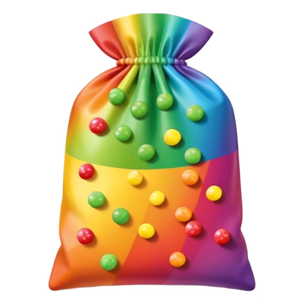 Flat design minimalist Skittles pouch with simple rainbow gradient and a small handful of green candies arranged in a neat pattern. sticker