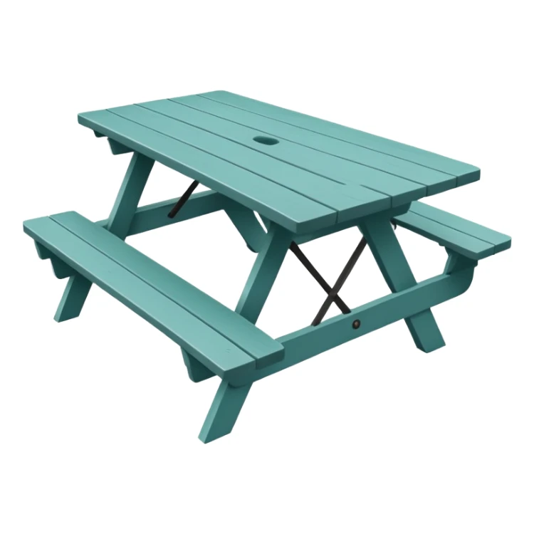 picnic table with attached benches, muted teal, straight vertical legs, small wheels, flat wood-style silhouette, minimal shading, clean geometry sticker