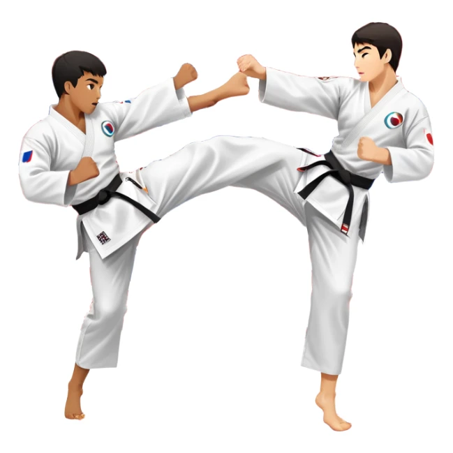 Two taekwondo fighters in a competition arena, one performing a high spinning kick towards the opponent’s head, while the other blocks with a precise guard. The background features a dynamic, bright arena with flags, emphasizing speed and agility in the martial art. Transparent background  sticker