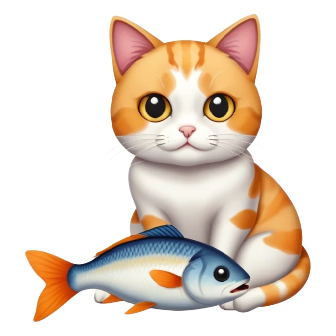 cat full body sitting with black eyes eating a fish sticker