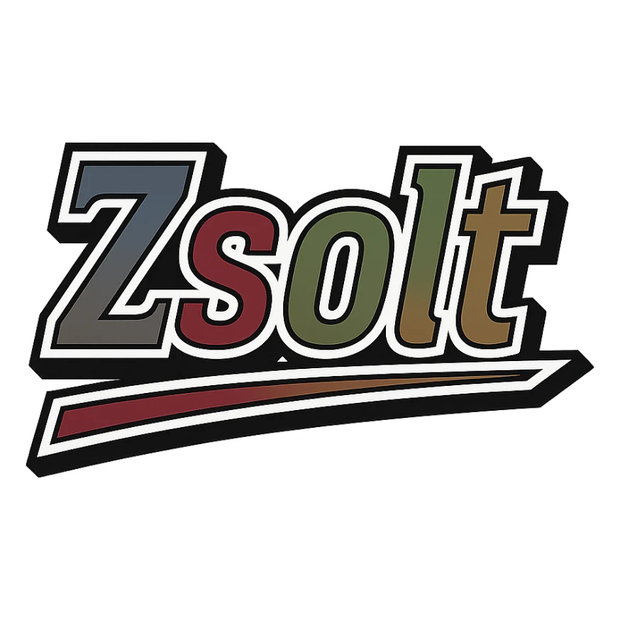 Text image of the name 'Zsolt' in a masculine, modern font with gradient colors including blue, gray, burgundy, green, and brown. The text has precise Hungarian characters, a dark contour, extra thick and prominent white letter border, dynamic slanted underline. Image size 1000x1000 px, PNG format, transparent background. sticker
