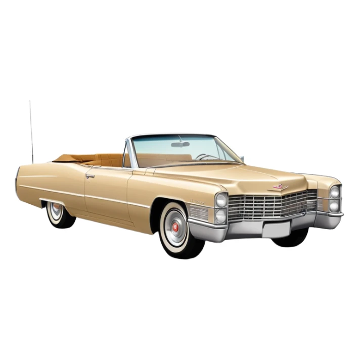 Minimalist beige 1966 Cadillac DeVille, simplified clean lines, 30-degree view, reduced details, essential features only, iconic silhouette, Once Upon a Hollywood inspired, iOS emoji style sticker