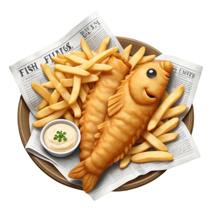 Fish and Chips Cinematic Realistic Fish and Chips Dish Emoji, depicted as a crispy battered fish fillet and golden chips served in traditional newspaper wrapping, rendered with lifelike textures and warm natural lighting that captures its iconic British street food charm  . sticker