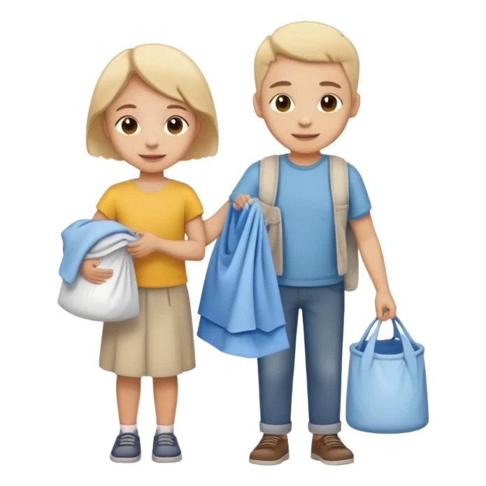 child carrying laundry with a parent, happy and responsible sticker