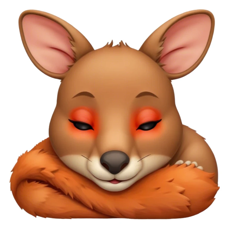 Meme-Worthy Cute Sleeping Kangaroo Portrait Emoji, Head resting peacefully with a contented smile, showcasing a robust build and a luxuriously soft red-orange fur, eyes shut in a serene, restful nap, Simplified yet hilariously adorable features, highly detailed, glowing with a soft, drowsy light, high shine, relaxed and utterly lovable, stylized with an air of playful laziness, bright and heartwarming, soft glowing outline, capturing the essence of a comically sleepy kangaroo, so meme‐worthy it feels like it could instantly become the next viral sensation of adorable slumber! sticker
