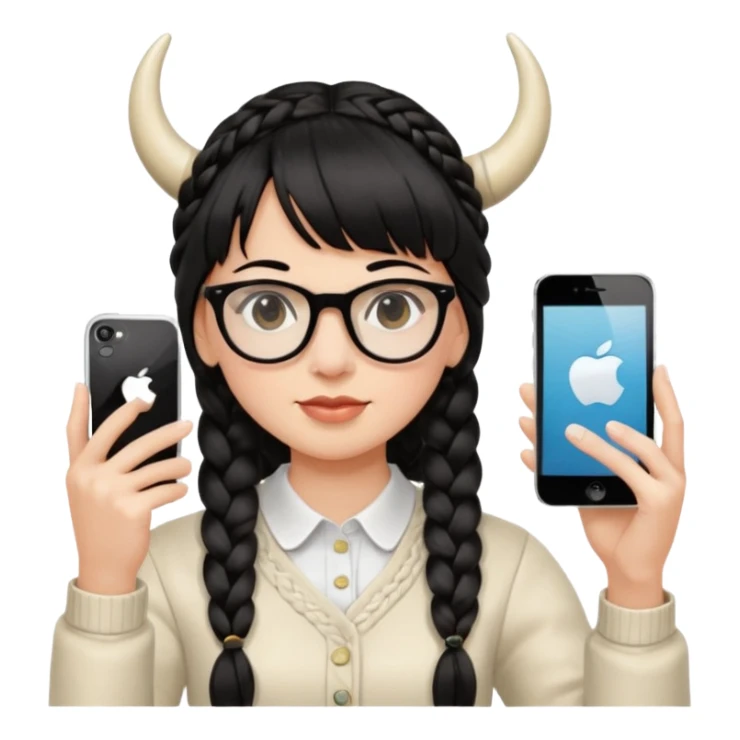 Black hair is braided to one side, braided to the left, and full bangs, wearing horn-rimmed glasses, holding an iPhone white color and taking a mirror selfie so that Apple logo comes out sticker