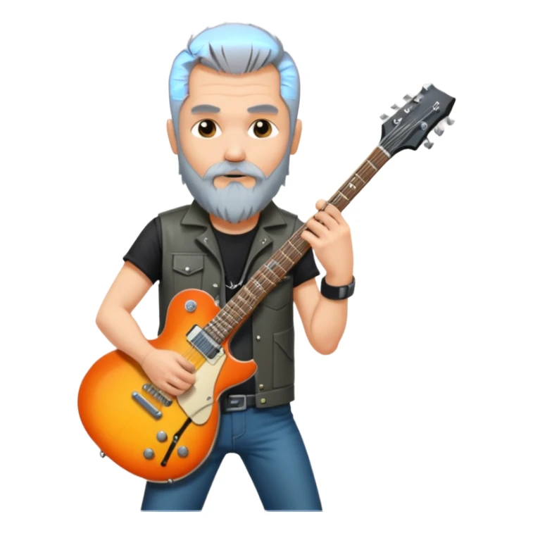 a short grey hair, with long side beard shop, middle age metal head with a classic epiphone eletric guitar sticker
