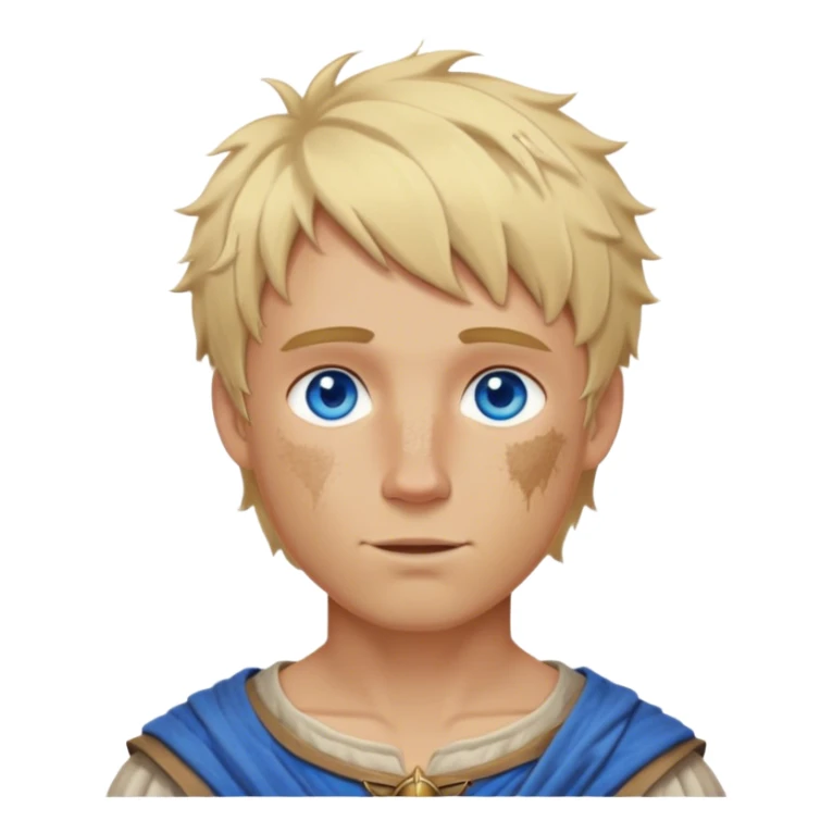 medieval summer look worn by a DnD themed fantasy character. bare upper body with a sun-kissed tan and some dirt marks. The character's haven't arms. character is blonde hair, blue eyes, short messy hair, white-skinned man. sticker