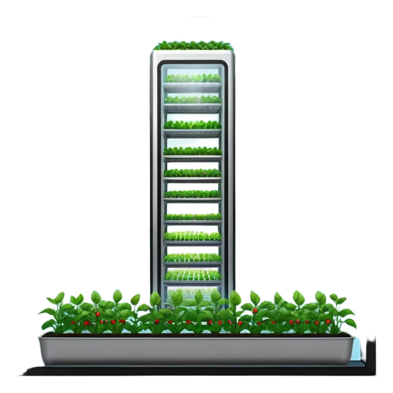 Vertical farm inside a towering skyscraper, with various crops growing in a hydroponic system under LED lights, viewed through a large window overlooking a futuristic city. sticker
