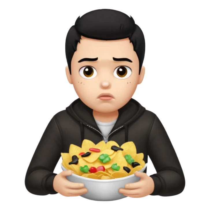 a PRETTY BRATZ boy with black hair, stuffing his face with chips and looking sad sticker