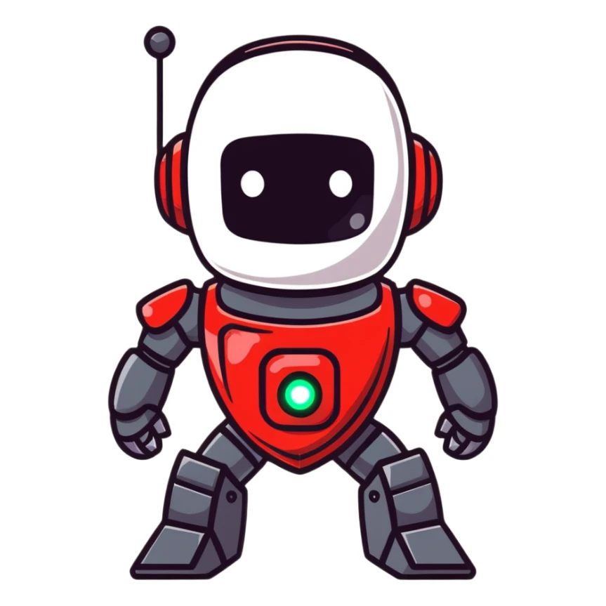 modern face of a black robot with white led eyes, red leds on robot, brave pose, smiling sticker