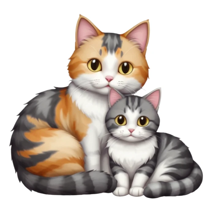 full body colourful light patched calico + white tabby cat cuddling a big dark grey and white tabby cat  sticker