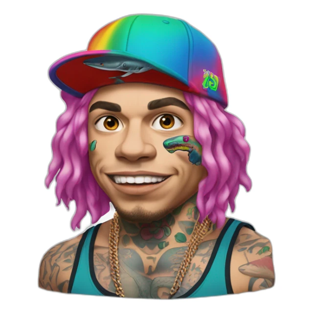 rapper 6ix9ine with face tattoos 69 with multi-colored hair  holds a double cap with a shark in his arms sticker