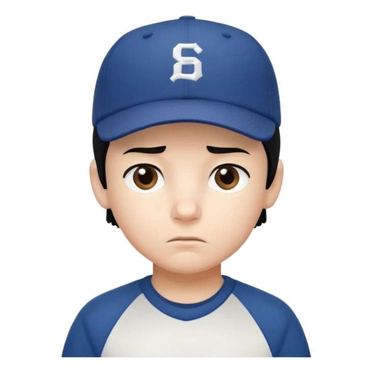 Gere um menino de cabelos preto e boné pro lado com feição séria sticker