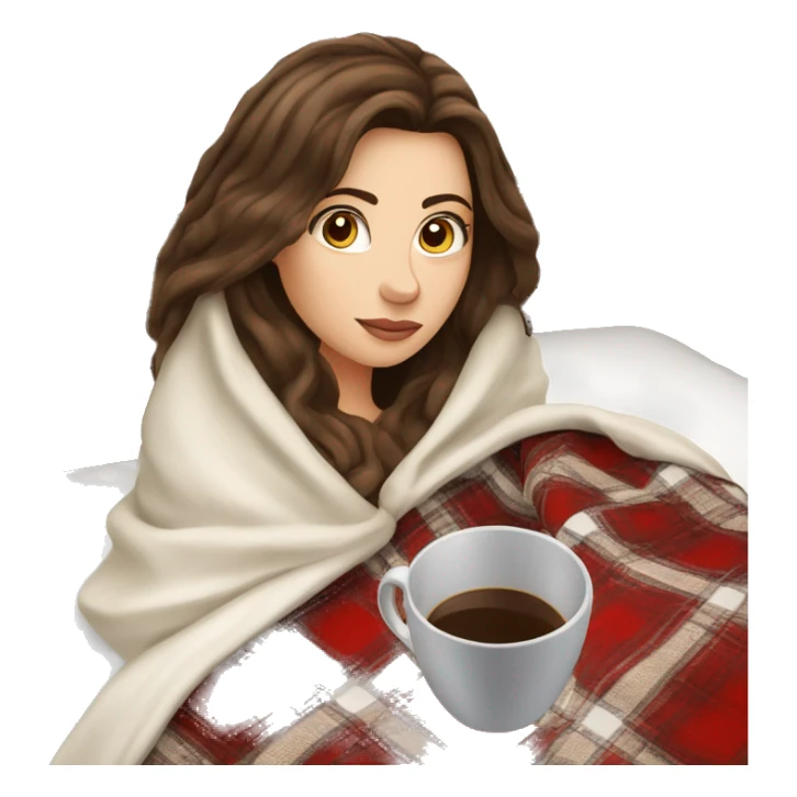brunette white girl under plaided blanket with coffee cup sticker