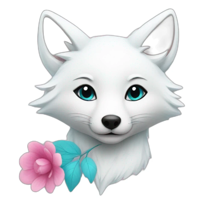 white fox with cyan hair and pink flower in it sticker