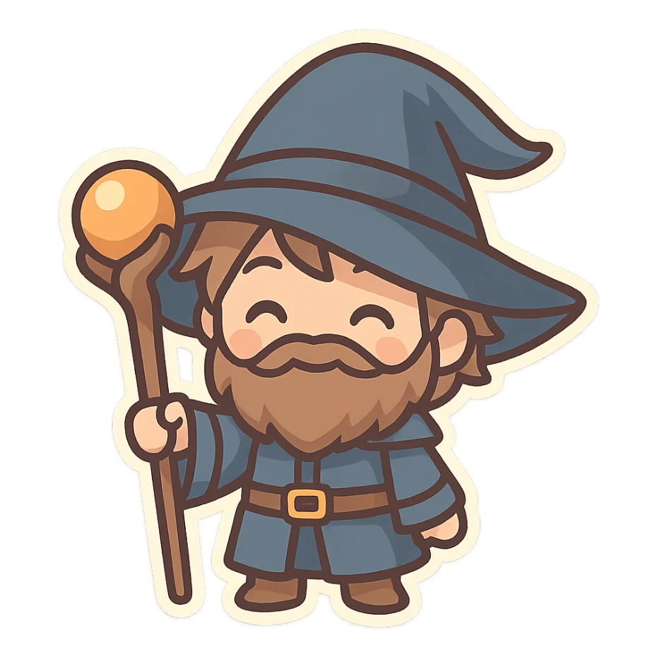 chibi style wizard with a big hat and staff, smiling sticker