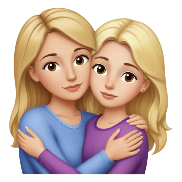 Blonde mom with makeup 30 years old hugs her daughter 15 years old with brown hair, freckles and brown eyes sticker
